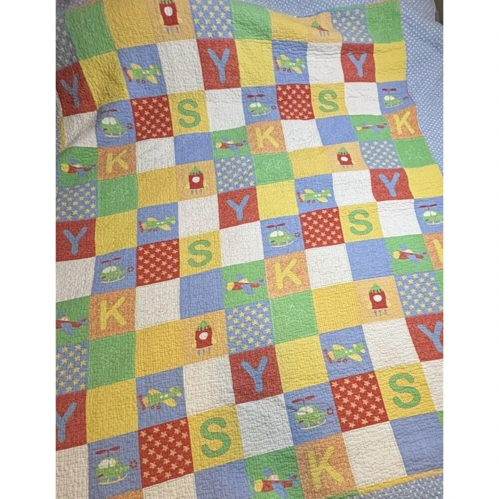 Quilt Airplane Sky Helicopter Blue Green Checkered Back Flaw 68”79” Twin